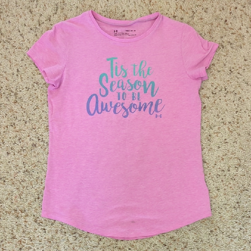 Girls Pink Under Armour HeatGear T-shirt, Size Youth Medium